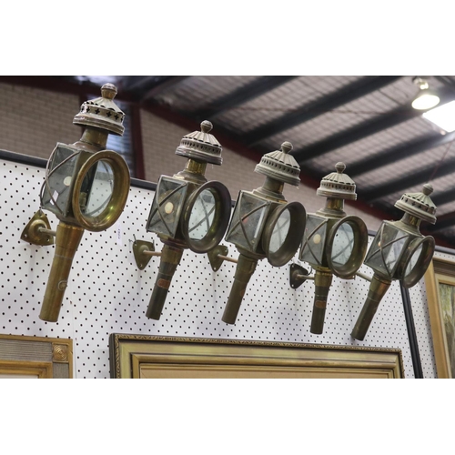 186 - Five various French brass carriage lanterns, approx 44cm L and shorter (5)