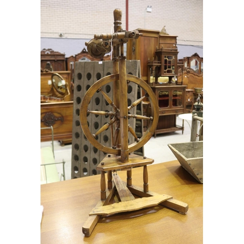 188 - Petit antique French fruit wood spinning wheel, approx 91cm H x 47cm W x 39cm D