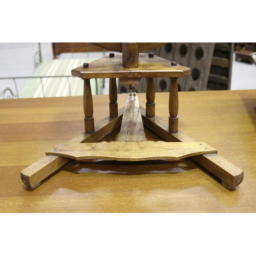 188 - Petit antique French fruit wood spinning wheel, approx 91cm H x 47cm W x 39cm D