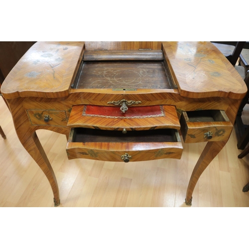 197 - Vintage French Louis XV style inlaid kingwood dressing table, approx 73cm H x 74cm W x 42cm D