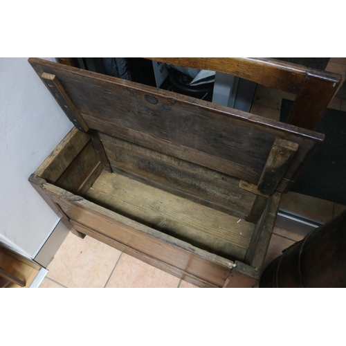 200 - Antique French provincial small scale oak bench with lift up seat, approx 96cm H x 88cm W x 37cm D