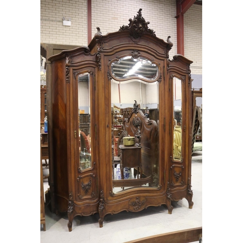 203 - Impressive antique French Louis XV style breakfront three door mirrored armoire, approx 262cm H x 16... 