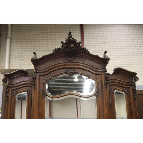 203 - Impressive antique French Louis XV style breakfront three door mirrored armoire, approx 262cm H x 16... 