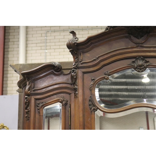 203 - Impressive antique French Louis XV style breakfront three door mirrored armoire, approx 262cm H x 16... 