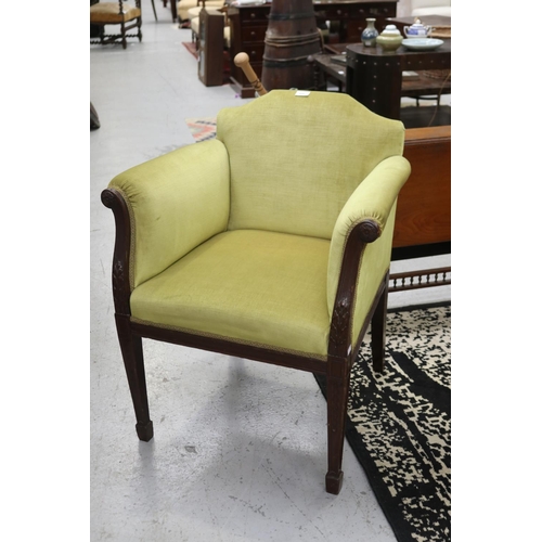 208 - English green upholstered armchair with carved arms and legs, approx 84cm H x 69cm W x 54cm D