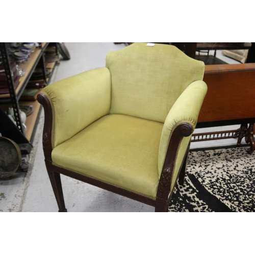 208 - English green upholstered armchair with carved arms and legs, approx 84cm H x 69cm W x 54cm D