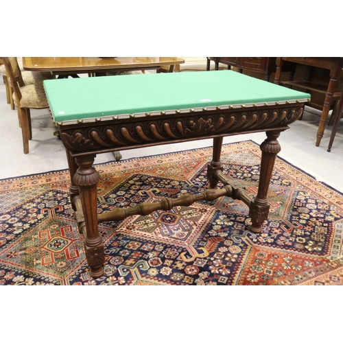 209 - Antique French carved table with upholstered top surface, approx 76cm H x 104cm W x 54cm D