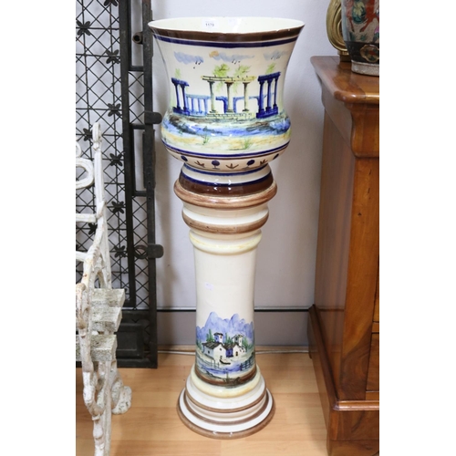 212 - Antique European hand painted ceramic jardiniere and pedestal, approx 101cm H x 33cm Dia