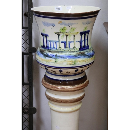 212 - Antique European hand painted ceramic jardiniere and pedestal, approx 101cm H x 33cm Dia