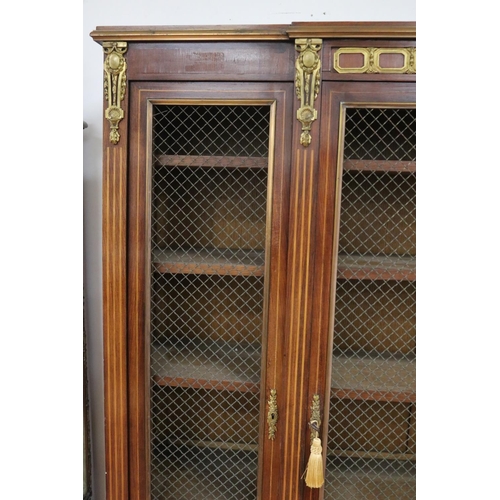 218 - J.D Seng of France - Fine antique French breakfront three door bookcase, fitted with gilt brass latt... 