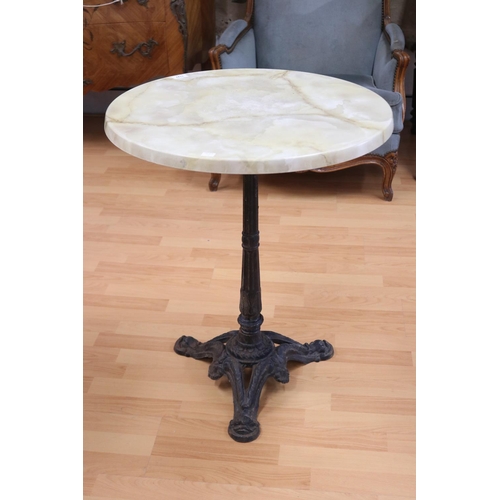 223 - French faux marble topped cast iron based based bistro, approx 72cm H x 60cm Dia