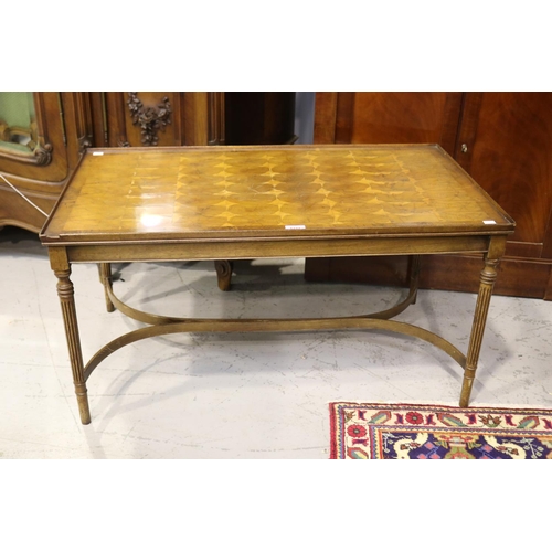 226 - Coffee table with X frame stretcher base, cross cut veneered top, approx 49cm H x 93cm W x 52cm D