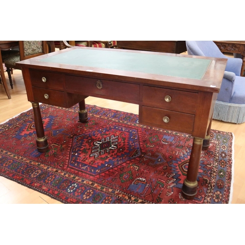 228 - French Empire style five drawer desk, with tooled green leather top surface & brass mounts, approx 7... 