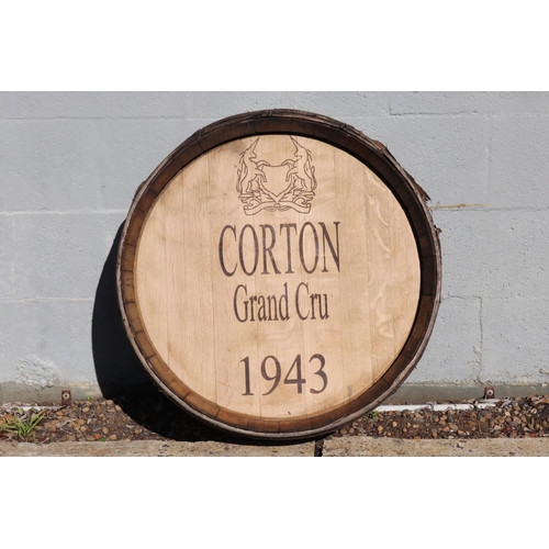 236 - Vintage French wine barrel front marked CORTON Grand Cru 1943, approx 75 dia