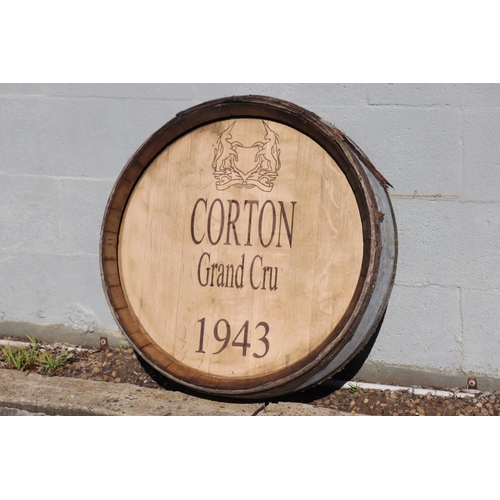 236 - Vintage French wine barrel front marked CORTON Grand Cru 1943, approx 75 dia