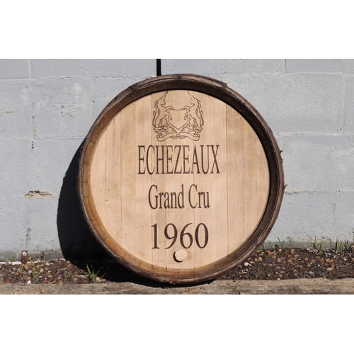 237 - Vintage French oak wine barrel front marked ECHEZEAUX Grand Cru 1960, approx 75 dia