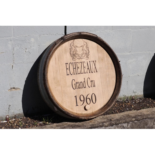 237 - Vintage French oak wine barrel front marked ECHEZEAUX Grand Cru 1960, approx 75 dia