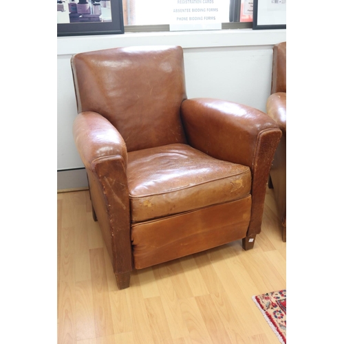 238 - Pair of original French Art Deco leather tub armchairs, showing signs of a cigarette burn hole (2)