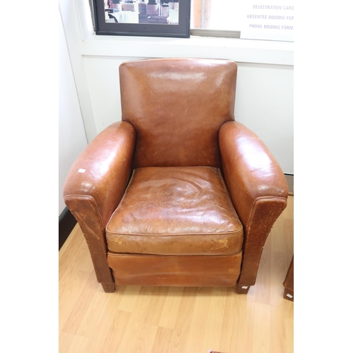 238 - Pair of original French Art Deco leather tub armchairs, showing signs of a cigarette burn hole (2)