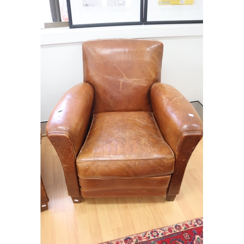 238 - Pair of original French Art Deco leather tub armchairs, showing signs of a cigarette burn hole (2)