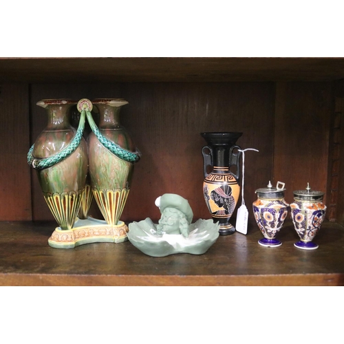 241 - Assortment of porcelain to include, majolica, vases, pepper and salt, etc, in various conditions, ap... 