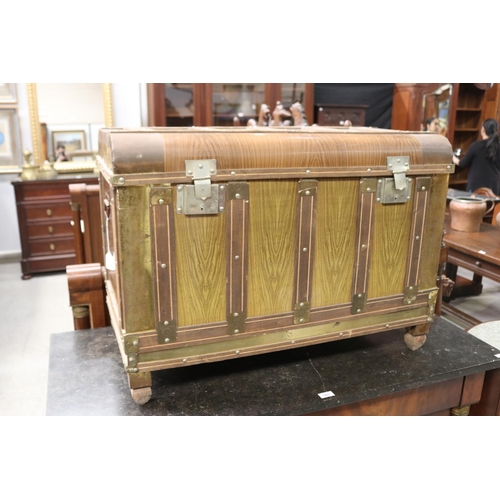 245 - Faux wood grain tin trunk, original interior and paper label, approx 65cm H x 89cm W x 47cm D