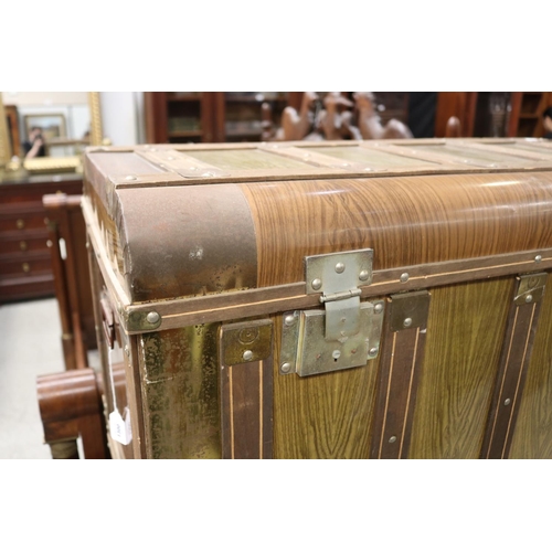 245 - Faux wood grain tin trunk, original interior and paper label, approx 65cm H x 89cm W x 47cm D