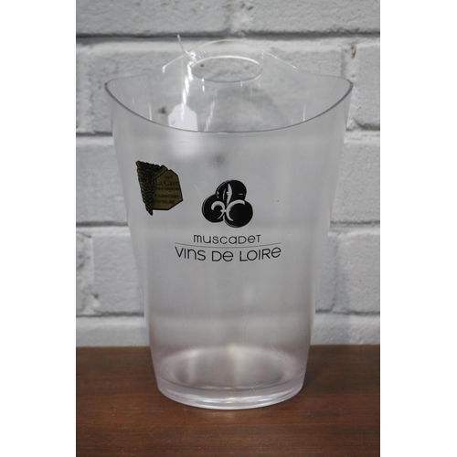 249 - Clear plastic champagne bucket, labelled Muscadet Vins De Loire, approx 28cm H x 18.5cm Dia