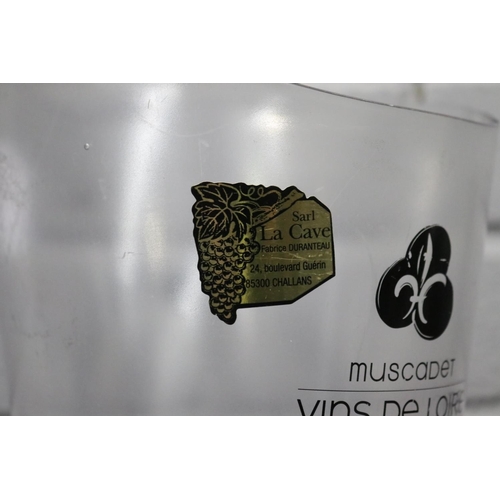 249 - Clear plastic champagne bucket, labelled Muscadet Vins De Loire, approx 28cm H x 18.5cm Dia