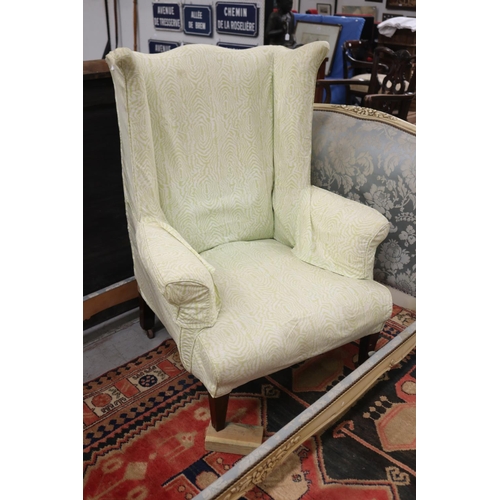 261 - English armchair with white and green upholstery, AF to foot, castor in office (B13460-3-78), approx... 