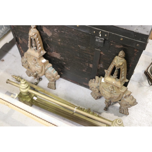 267 - Antique French cast brass elaborate fire dogs, fire mantle and another