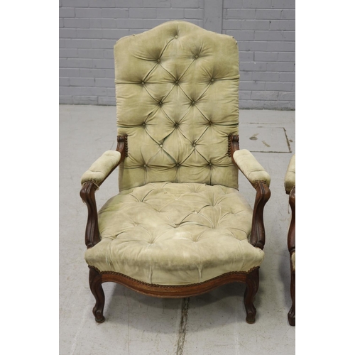 268 - Pair of antique upholstered armchairs, AF to one arm (2)