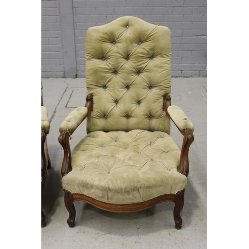 268 - Pair of antique upholstered armchairs, AF to one arm (2)