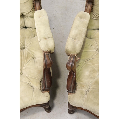 268 - Pair of antique upholstered armchairs, AF to one arm (2)