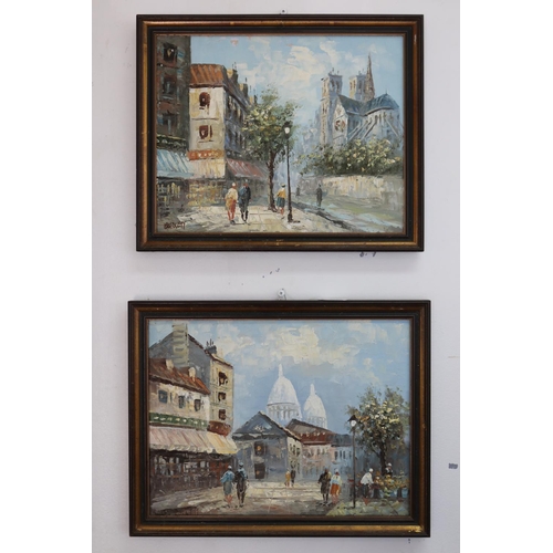 274 - Burnett, two oils on canvas, Street scenes, both signed lower left, each approx 30cm x 38cm