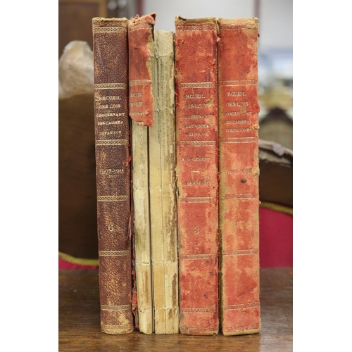 275 - Four French books, Recueil Des Lois Concernant Des Caisses D'Epargne vol 1, 3, 6, one badly damaged ... 