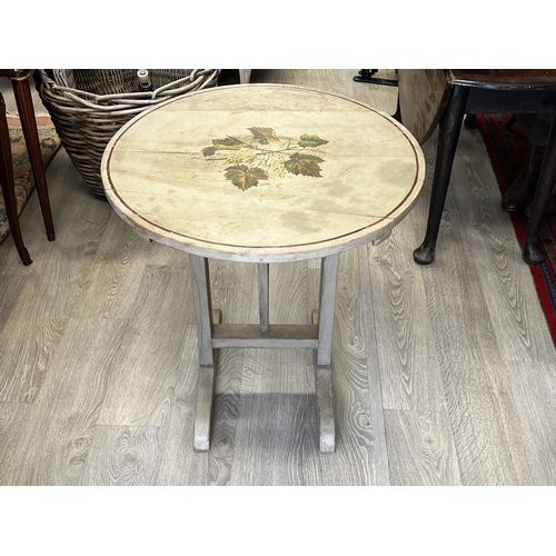 660 - French circular painted vignerons table, painted to the centre with fruiting grape vines, approx 74c... 