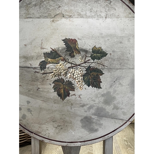 660 - French circular painted vignerons table, painted to the centre with fruiting grape vines, approx 74c... 