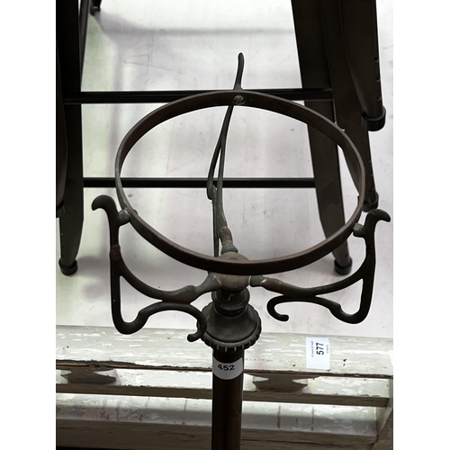 666 - Antique English brass Art Nouveau tri form telescopic oil lamp stand in the style of Benson . missin... 