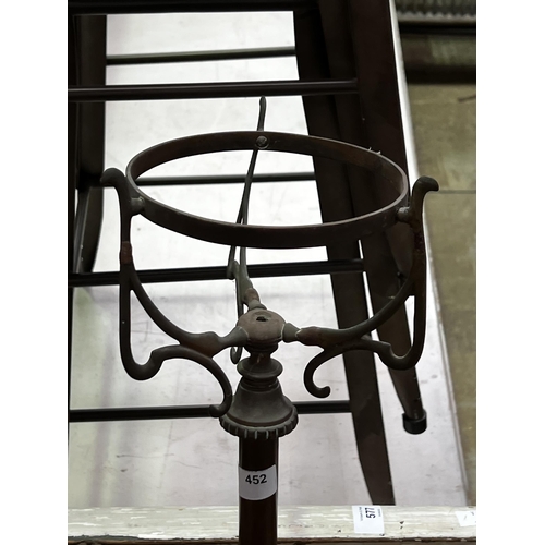 666 - Antique English brass Art Nouveau tri form telescopic oil lamp stand in the style of Benson . missin... 