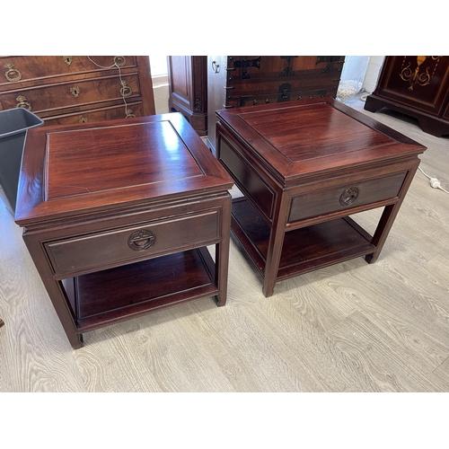 679 - Pair of Chinese rosewood square shape bedsides or lamp tables, each with single drawers, lower shelf... 