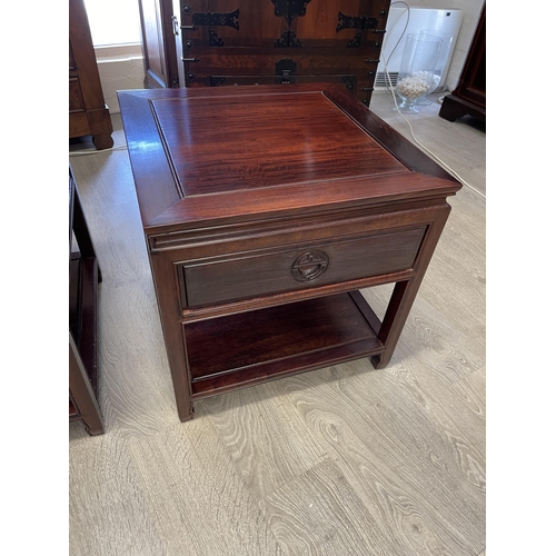 679 - Pair of Chinese rosewood square shape bedsides or lamp tables, each with single drawers, lower shelf... 