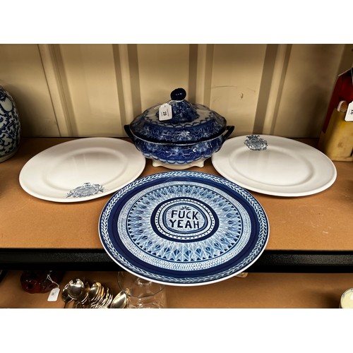 687 - Pair of armorial crested plates, and F_ck Yeah plate and an antique flow blue Watteau tureen , appro... 