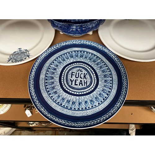 687 - Pair of armorial crested plates, and F_ck Yeah plate and an antique flow blue Watteau tureen , appro... 