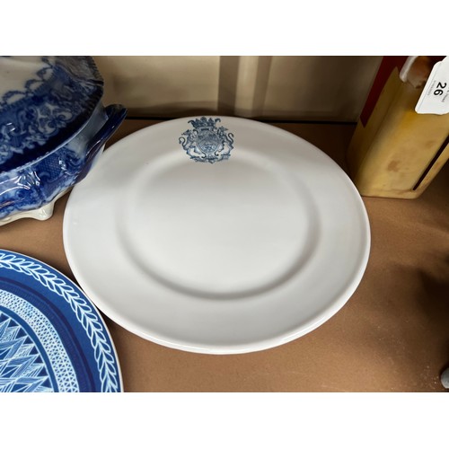 687 - Pair of armorial crested plates, and F_ck Yeah plate and an antique flow blue Watteau tureen , appro... 