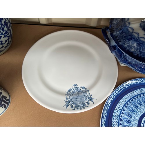 687 - Pair of armorial crested plates, and F_ck Yeah plate and an antique flow blue Watteau tureen , appro... 