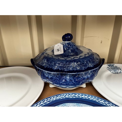 687 - Pair of armorial crested plates, and F_ck Yeah plate and an antique flow blue Watteau tureen , appro... 