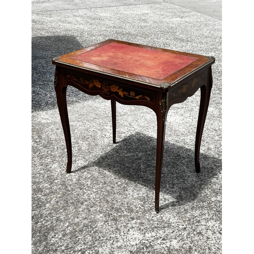 692 - French floral marquetry single drawer side table or desk, red leather top surface, approx 75cm H x 7... 