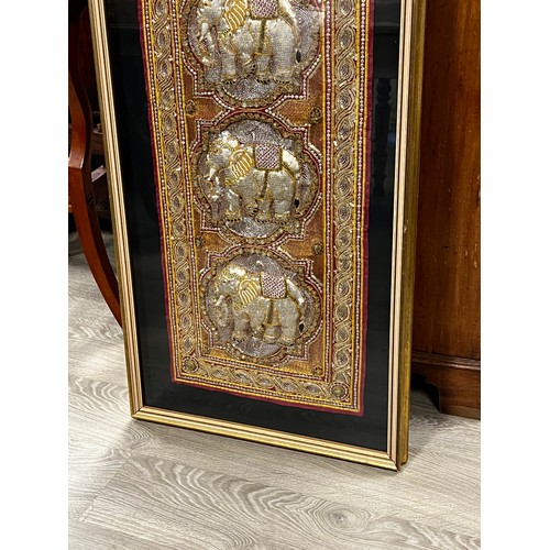 729 - Shadow framed hand worked panel of five elephants, approx 148cm x 51cm