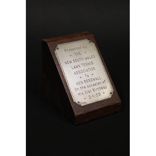 1091 - Award. Inscribed Presented by THE NEW SOUTH WALES LAWN TENNIS ASSOCIATION To KEN ROSEWALL On the occ... 